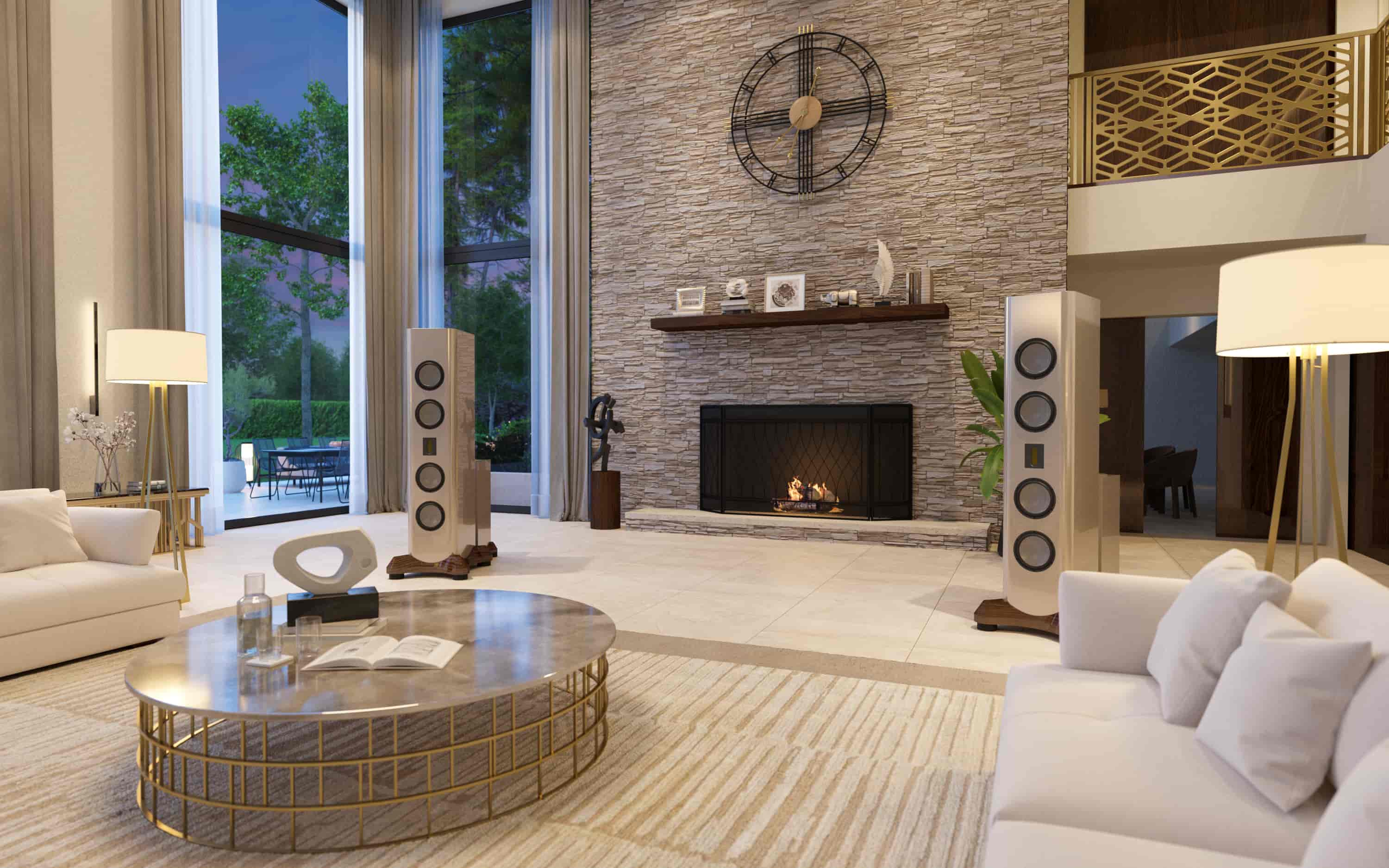 AV 170 speaker in modern room at twilight with natural tones