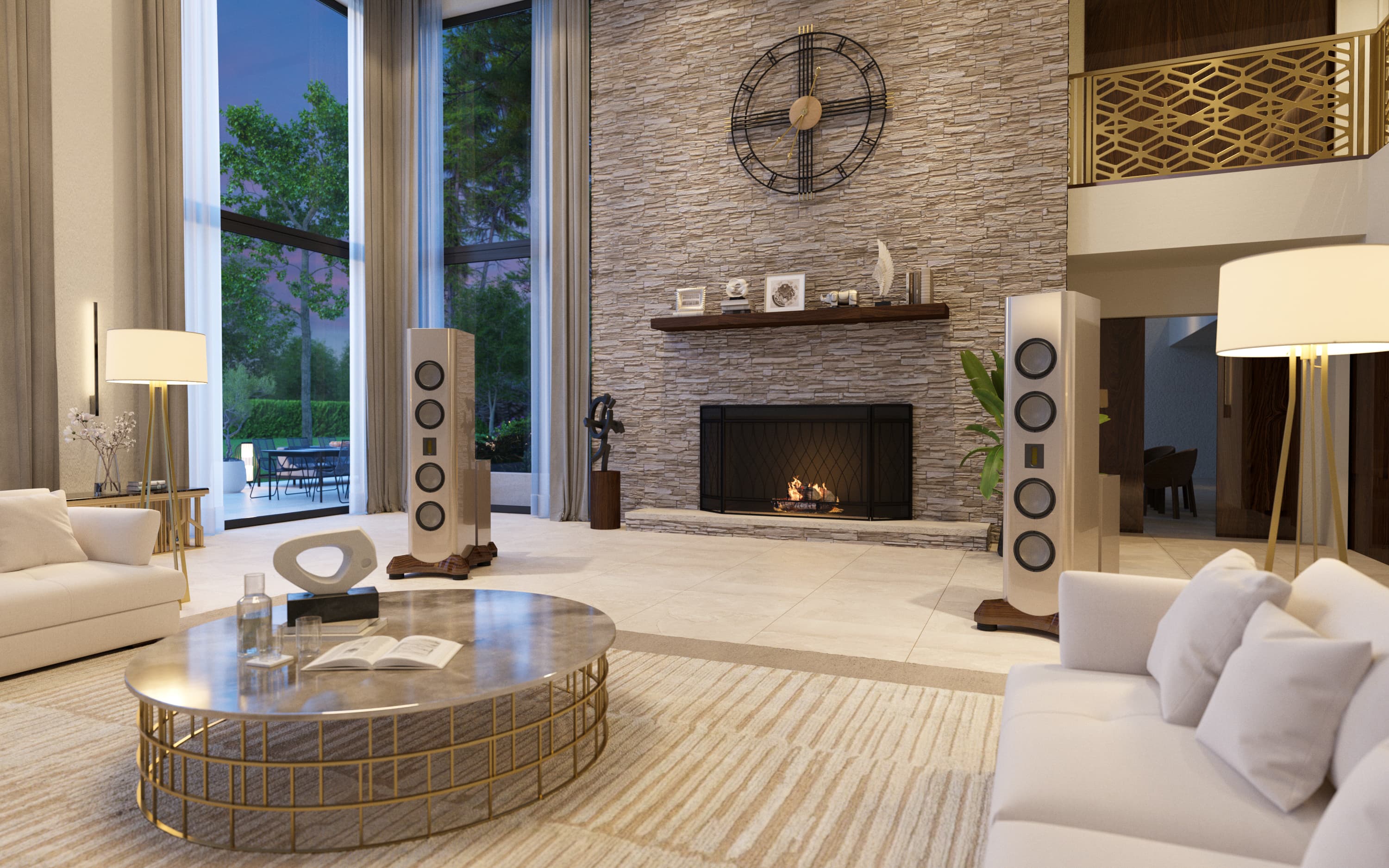 AV 170 speaker in modern room at twilight with natural tones